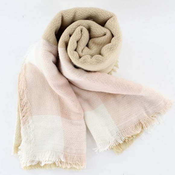NWT Blush & Tan Check Tartan Blanket Scarf Wrap - Picture 2 of 3
